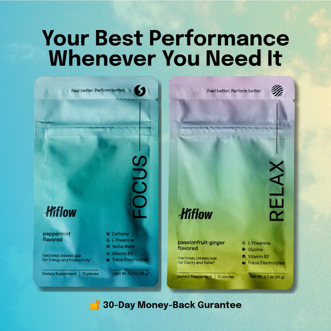 Hiflow's two gum pouches (Hiflow Focus and Hiflow Relax) shown side by side on a soft blue sky background. A promotional text read at the top "Your Best Performance Whenever You Need It", and a 30-day money back guarantee text at the bottom.
