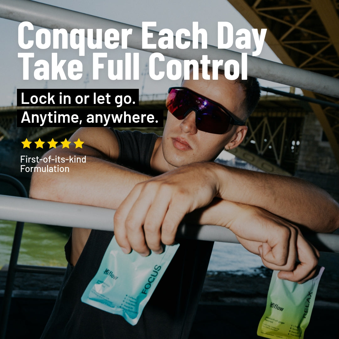 A male model holding a Hiflow gum pouch in each of his hands (a Focus and a Relax). Promotional text about performance.