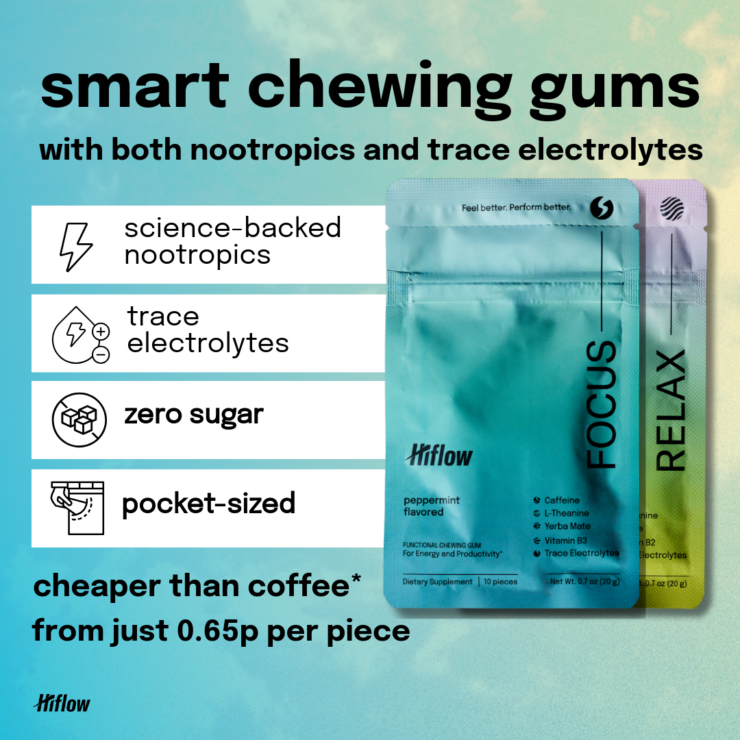 Hiflow smart chewing gums with nootropics and trace electrolytes. Both Focus and Relax gum pouches shown against a light blue background with feature callouts.
