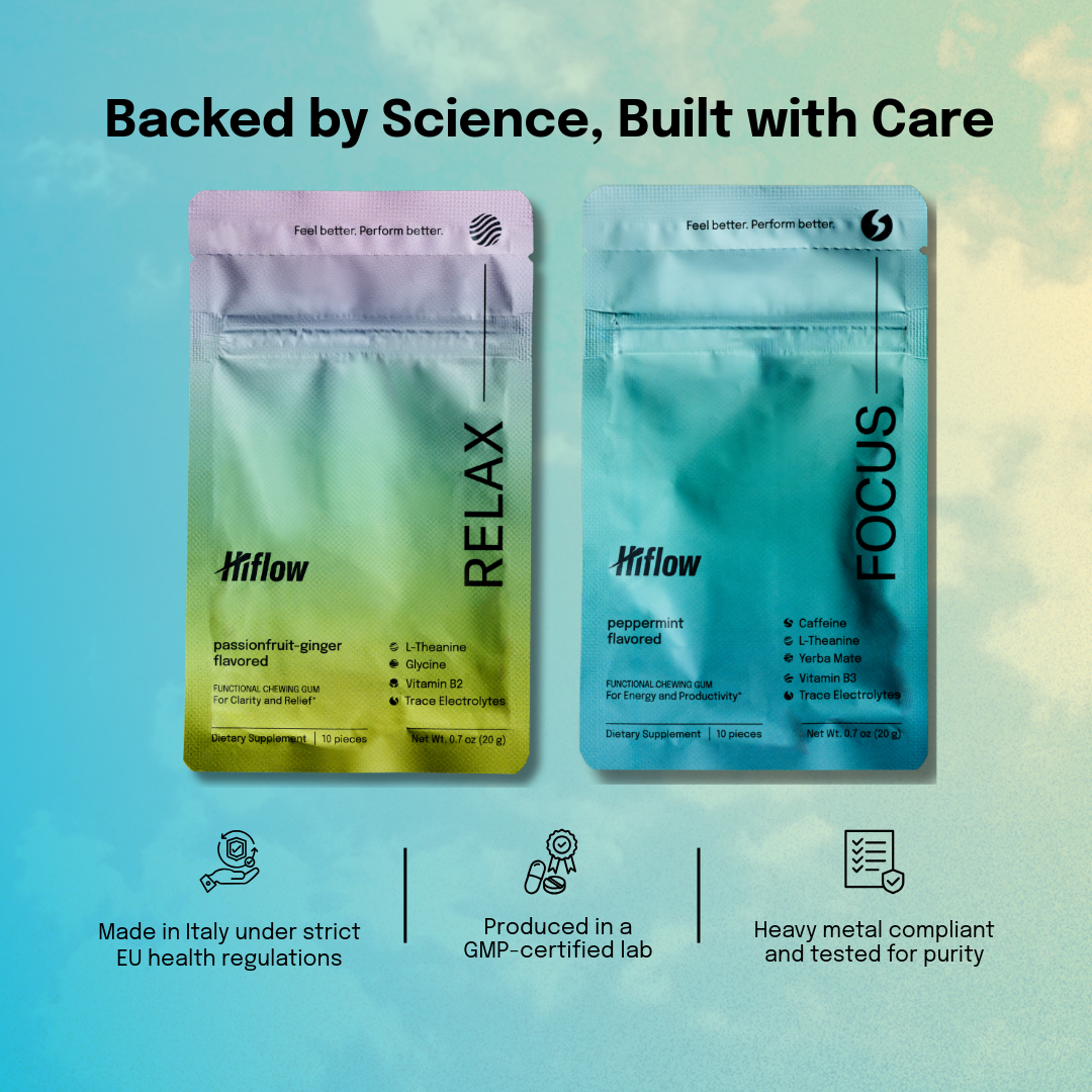 Hiflow's two supplement packages labeled 'Relax' and 'Focus' on a gradient blue background with product details.