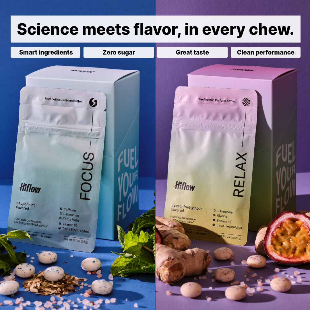 Hiflow's two gum types, 'Focus' and the other 'Relax', with ingredients displayed below and a promotional message above.
