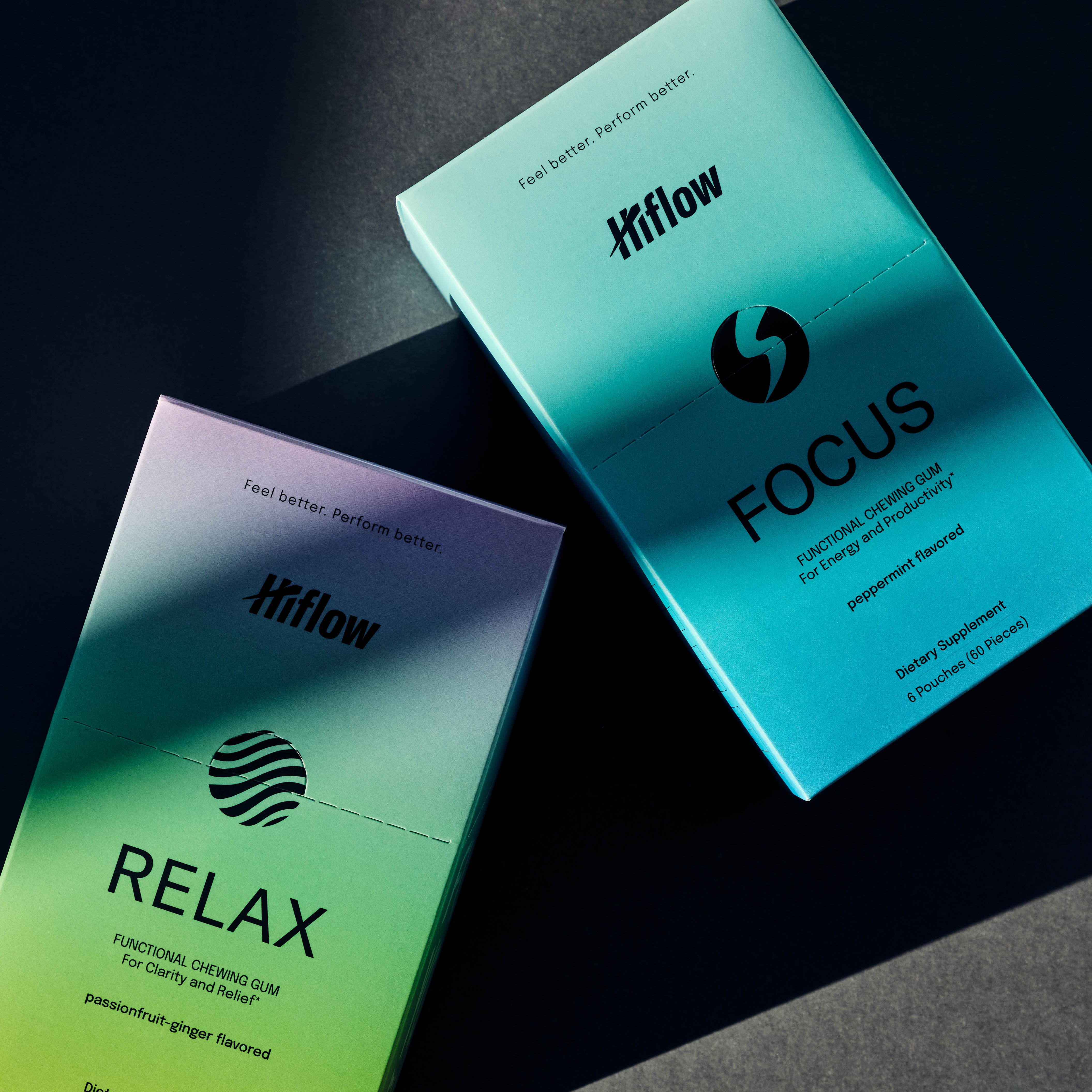 A box of Hiflow Relax and Focus on a dark background