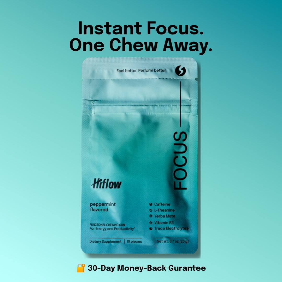 Blue package of 'HiFlow' focus chewing gum with "Instant Focus, One Chew Away' text on a teal background