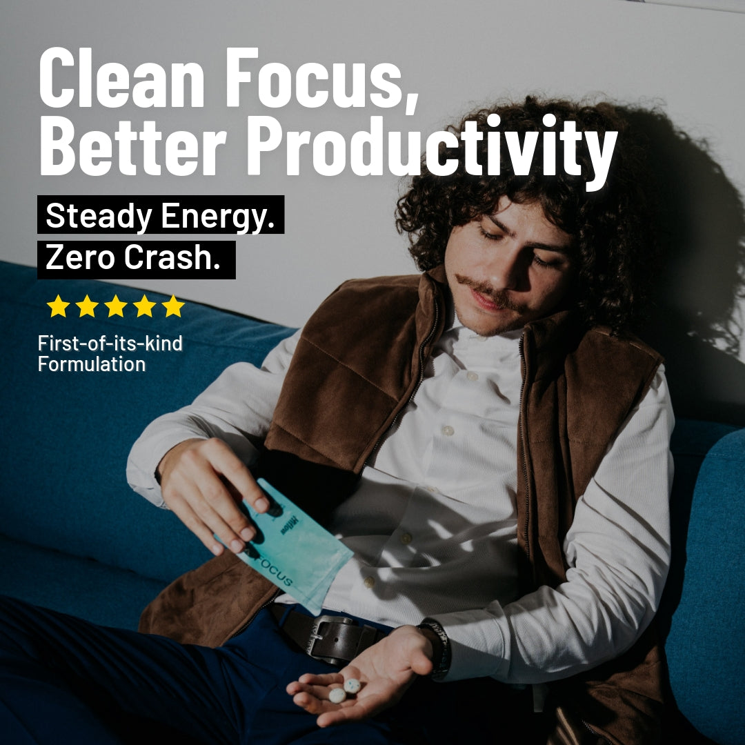 Person holding a Hiflow Gum product with text about clean focus and better productivity.