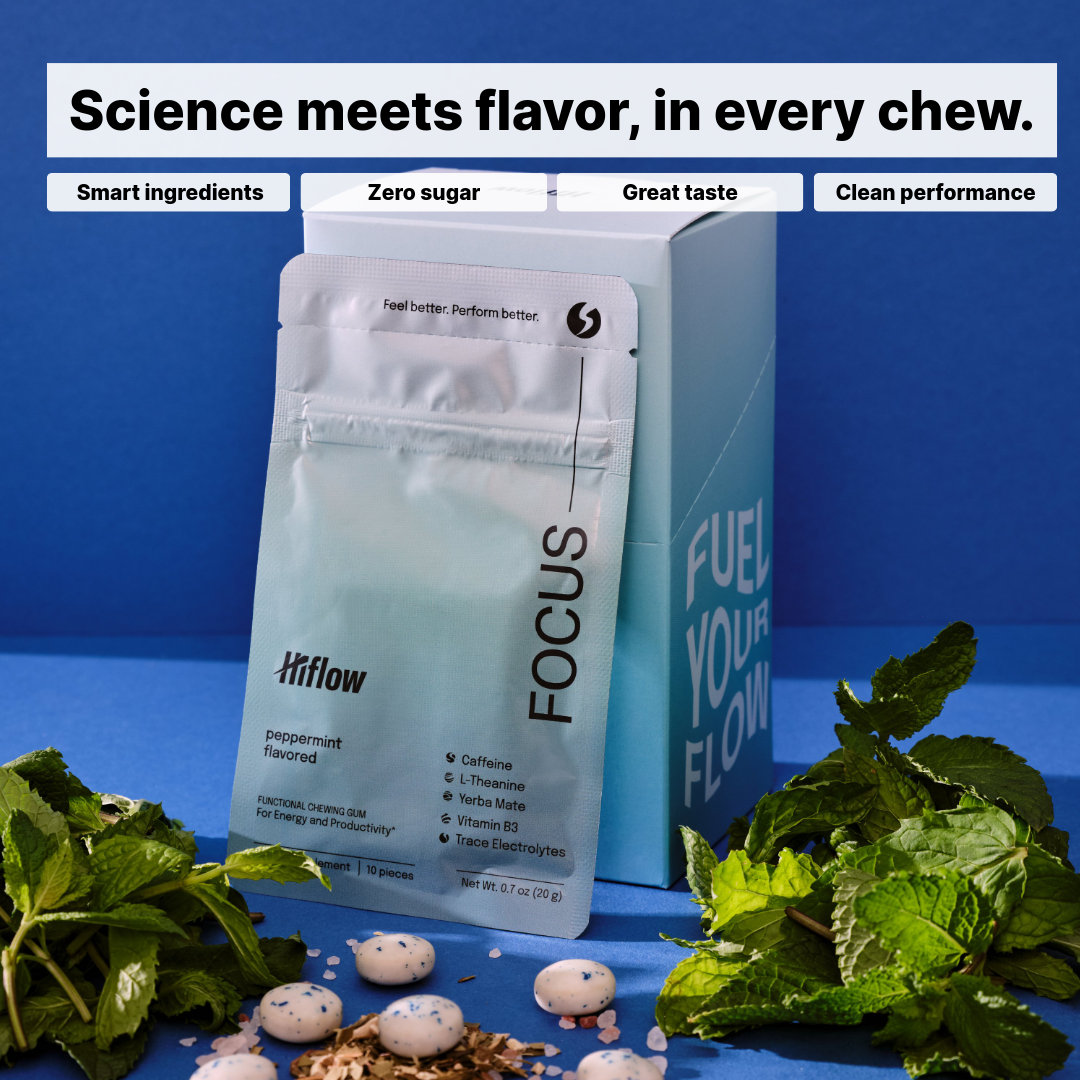 Hiflow Focus chewing gum box with mint leaves and promotion text on a blue background.