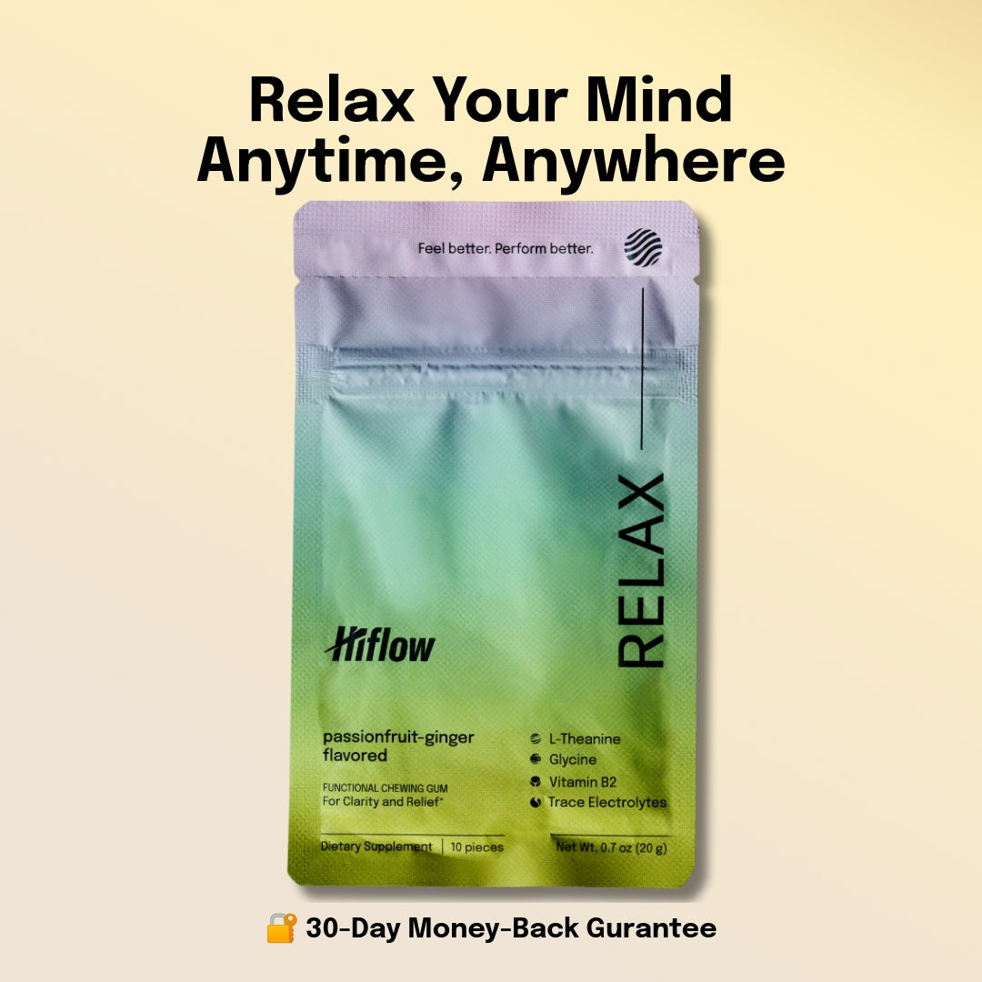 Hiflow Relax chewing gum package with "Relax Your Mind Anytime, Anywhere" headline text and 30-day money-back guarantee text.