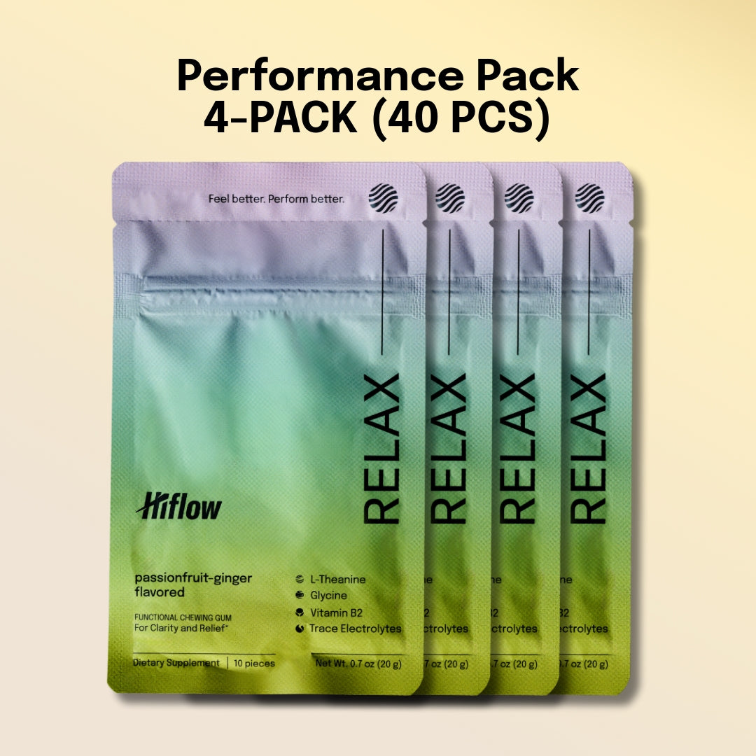 Four packages of Hiflow Relax on a beige background