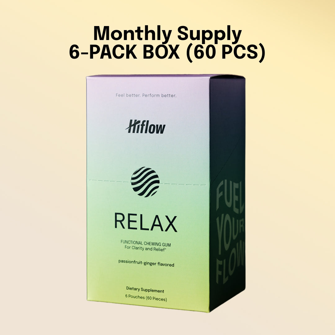 6-pack box of Hiflow Relax functional chewing gum on a beige background
