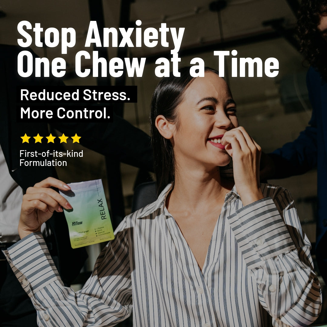 Woman holding a Hiflow Relax pouch with text about anxiety relief and stress reduction.