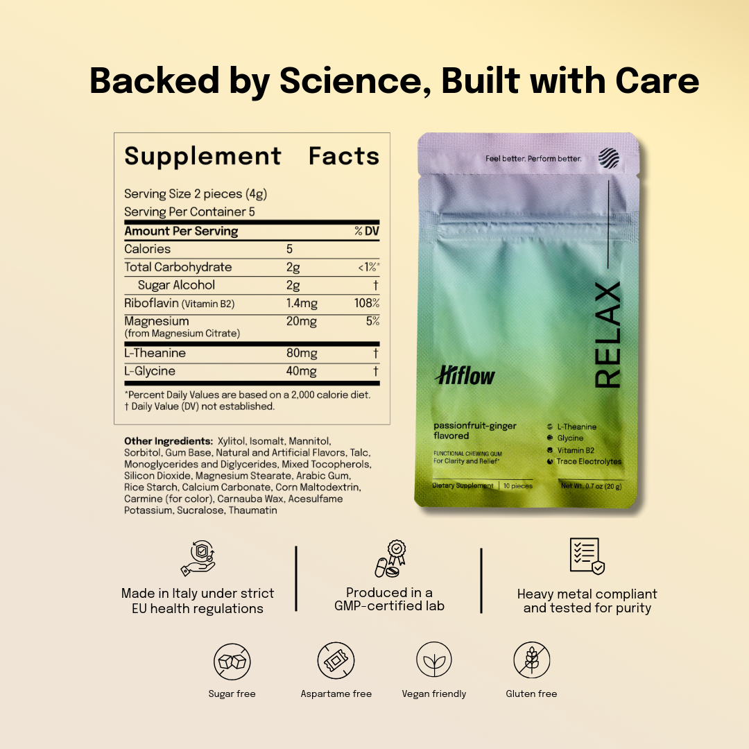 Promotional and informational image of Hiflow Relax, its supplement facts and other product details.