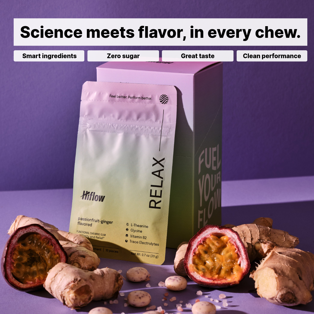 Hiflow Relax chewing gum box with ingredients shown below, and promotional text at the top of the image.