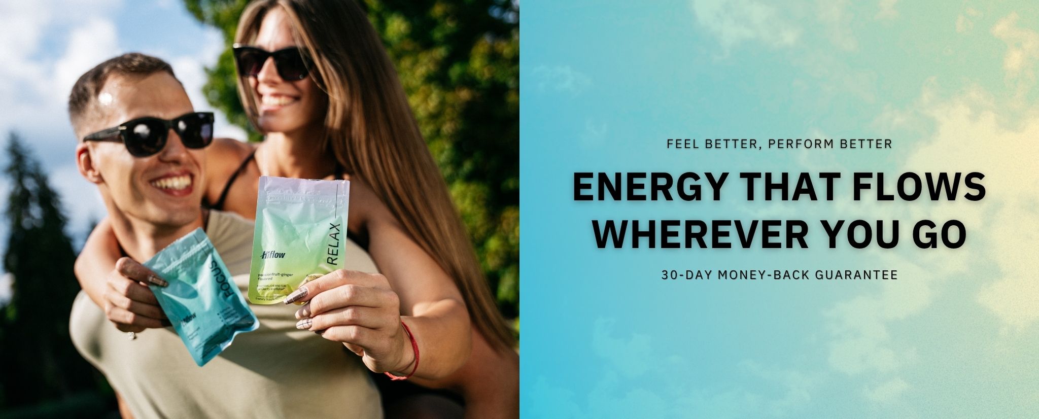 Welcome to Hiflow's website. Hiflow is a functional chewing gum brand that helps with performance. The banner says the following: Feel better, perform better. Energy that flows wherever you go. 30-day money-back guarantee. The motto is next to a woman and a man holding a pouch of Hiflow Focus and Relax gum.