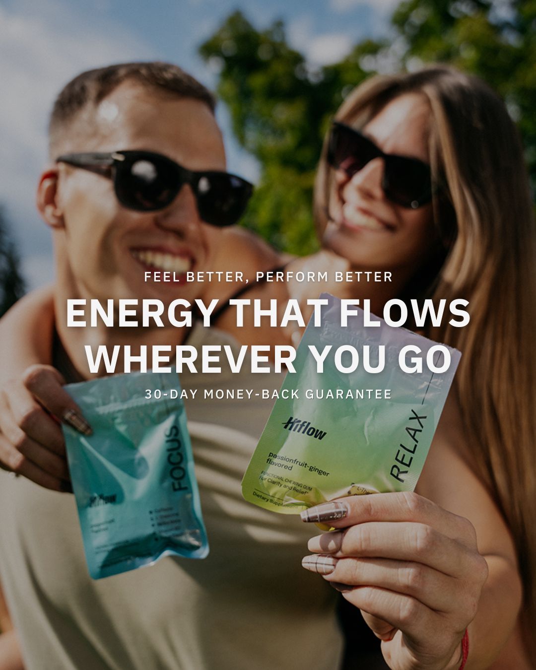 Welcome to Hiflow's website. Hiflow is a functional chewing gum brand that helps with performance. The banner says the following: Feel better, perform better. Energy that flows wherever you go. 30-day money-back guarantee. The motto is next to a woman and a man holding a pouch of Hiflow Focus and Relax gum.