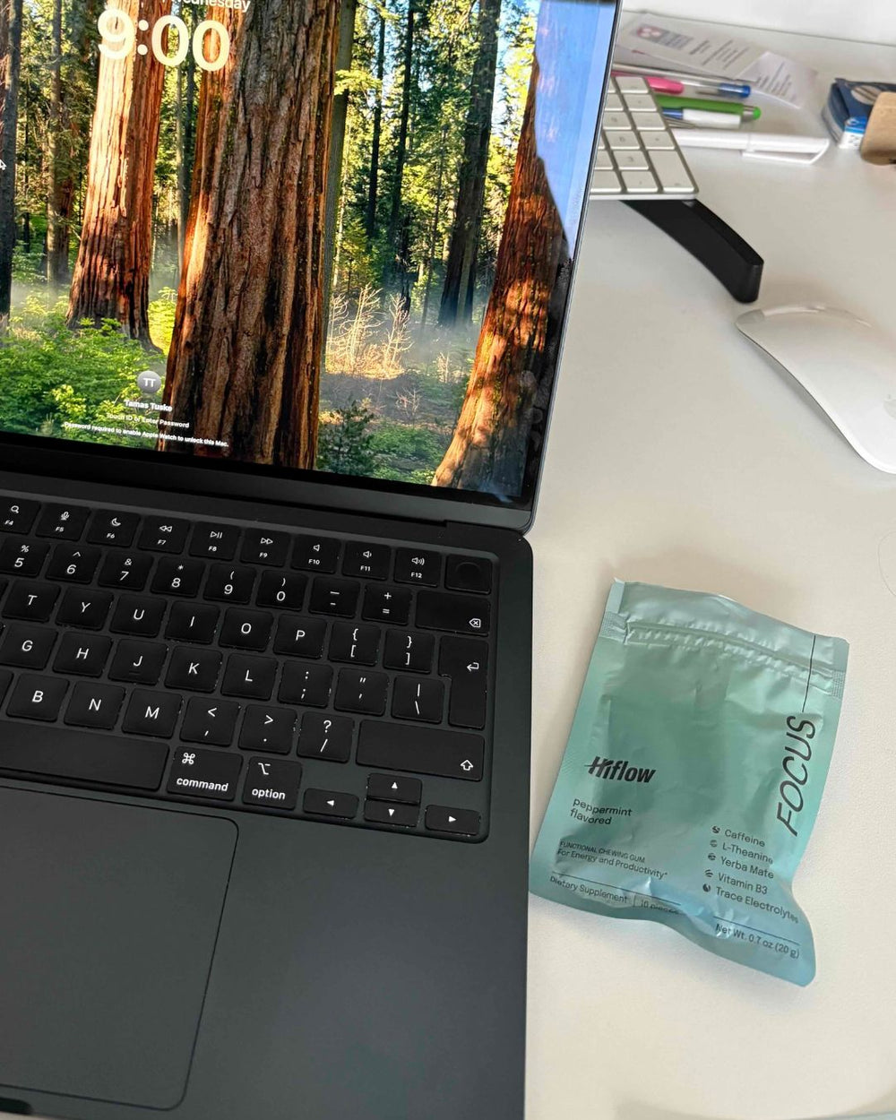 Hiflow Focus gum pouch next to a laptop