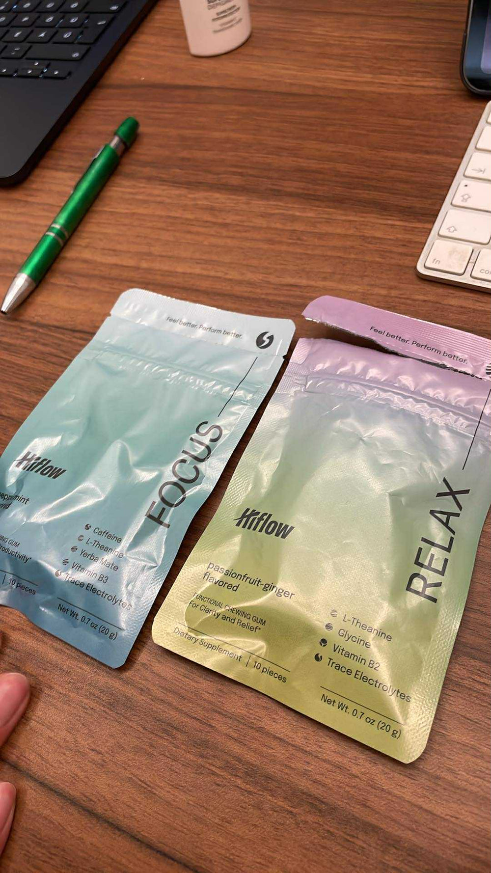 A Hiflow Focus and Relax gum pouch laying on a desk.