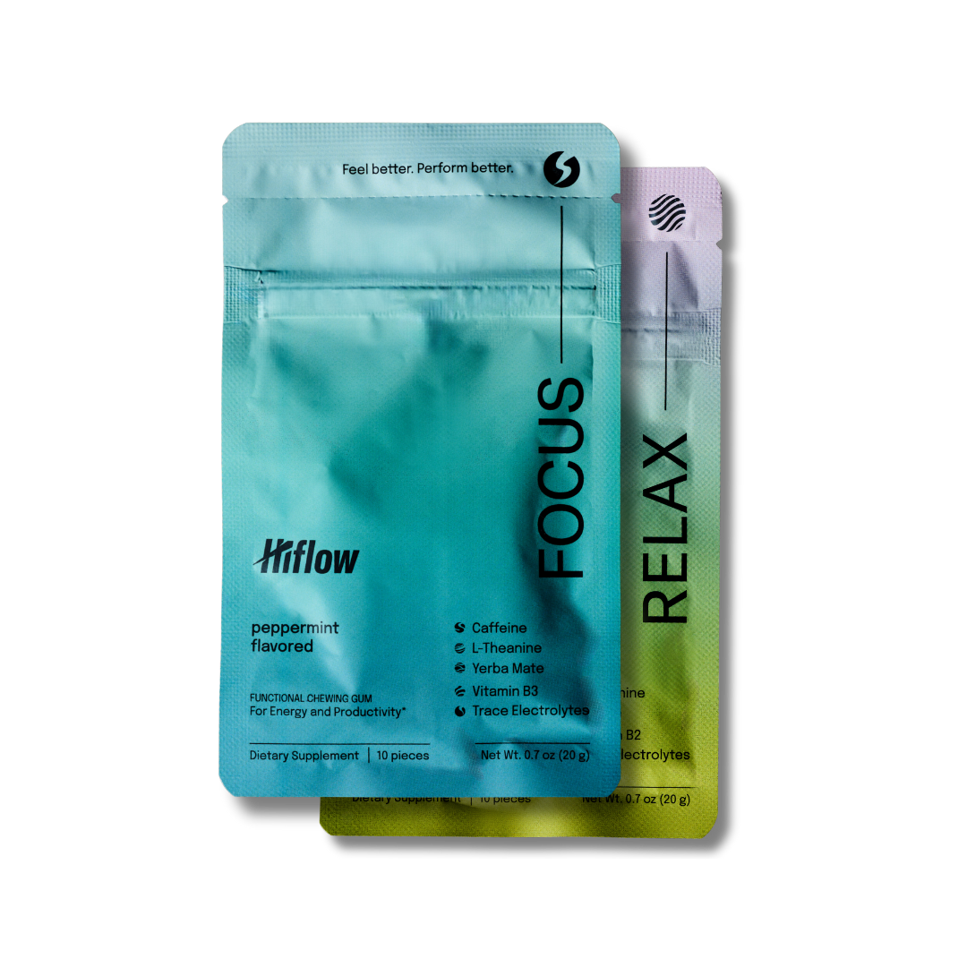 Two Hiflow Focus packets, one labeled 'Focus' and the other 'Relax', on a white background. These two packets are Hiflow's two core products - one helps with calming the mind, the other supports productivity and focus.