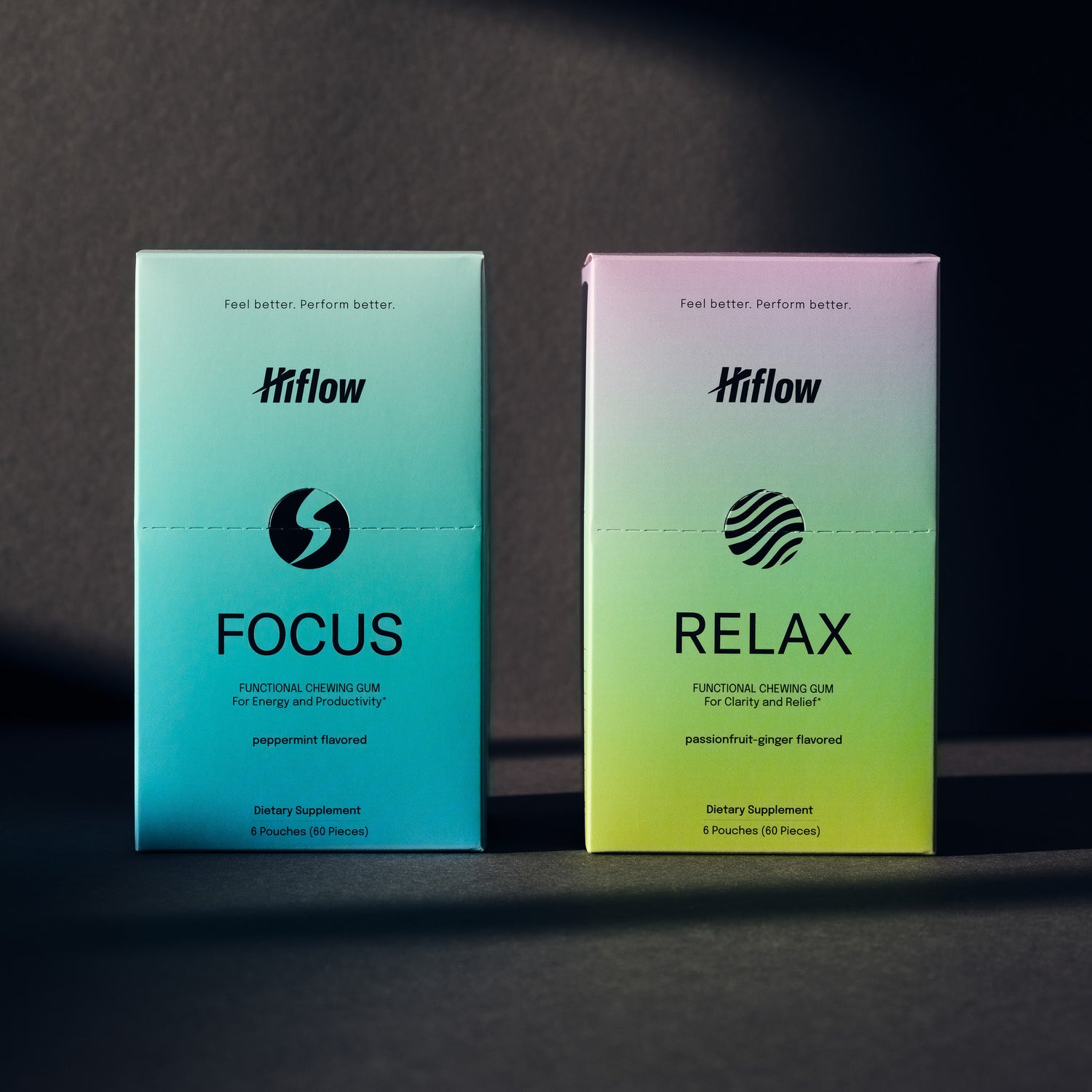 Two boxes of Hiflow gums placed in a dark setting. A blue Focus gum box, for energy and productivity, and a yellow-purple Hiflow Relax gum box, with chewing gum for clarity and relief. Both boxes contain 6-6 pouches and help with daily performance.