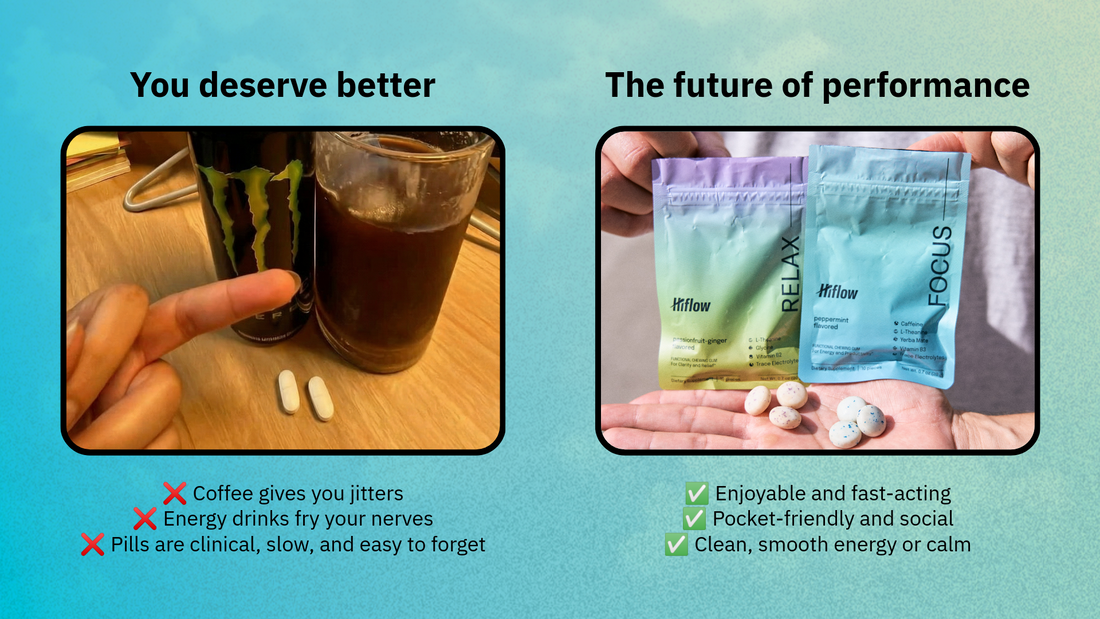 An image comparing Monster Energy, Coffee, and pills with Hiflow's functional gums.